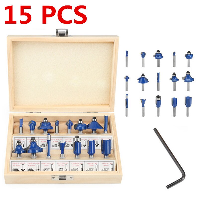 800w 30000 rpm träbearbetning elektrisk trimmer träfräsning gravering slitsning trimmaskin handsnidera träfräs: 15 st bit blå