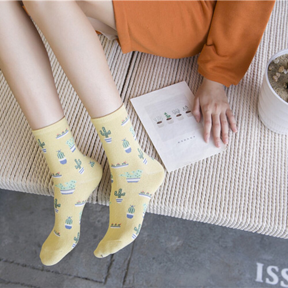 Daglige afslappede bløde sokker kvinder tegneserie plante kaktus mønster sokker piger komfortable søde sokker varme korte kvinders sokker