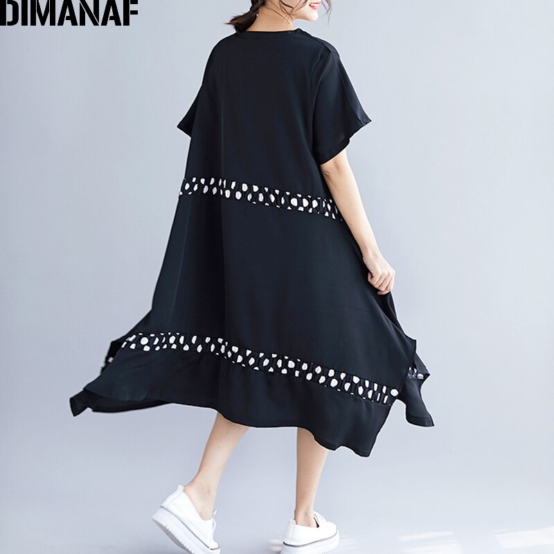 Dimanaf verão feminino plus size vestido de impressão ponto preto emendado casual feminino vestidos moda tamanho grande vestido solto a linha 2020