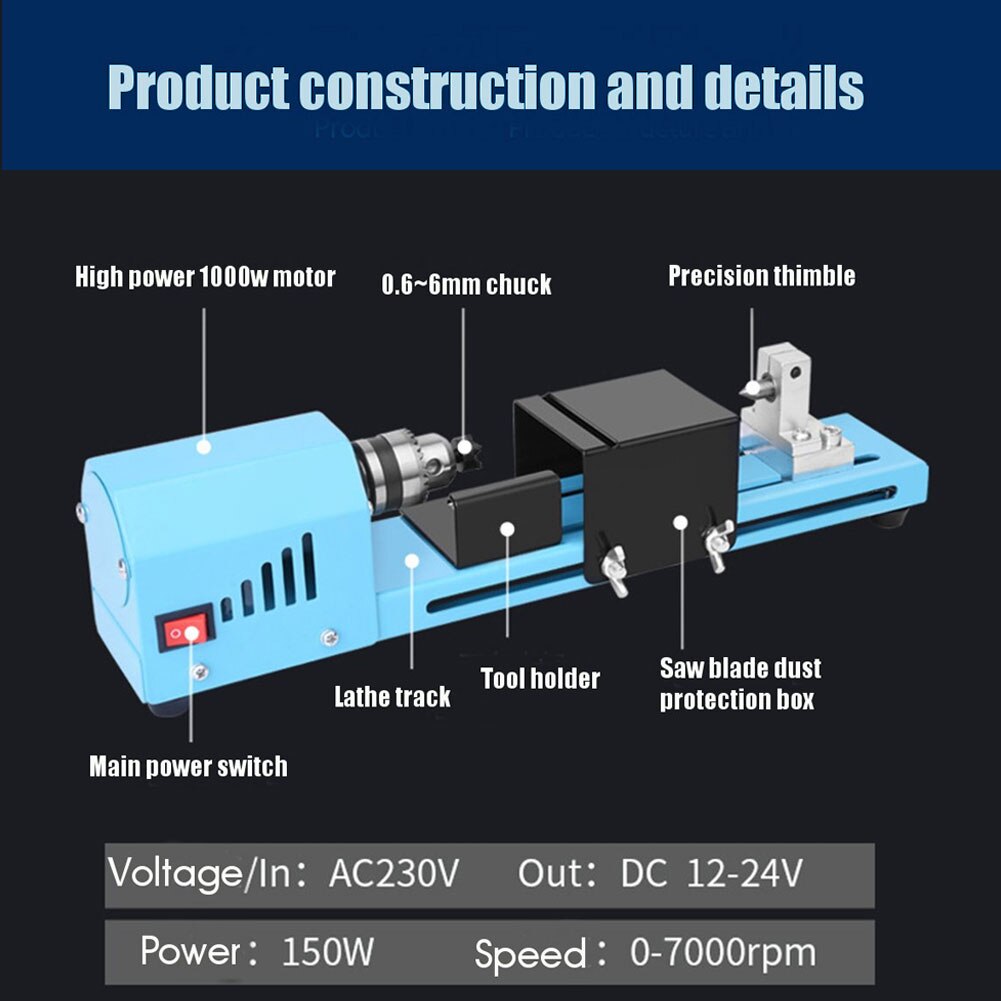 1 Set 150W Mini Wood Lathe Machine Speed Adjustable Rotary Tool Buddha Pearl Lathe Grinding Polishing DIY Woodwork Tool 12V/24V
