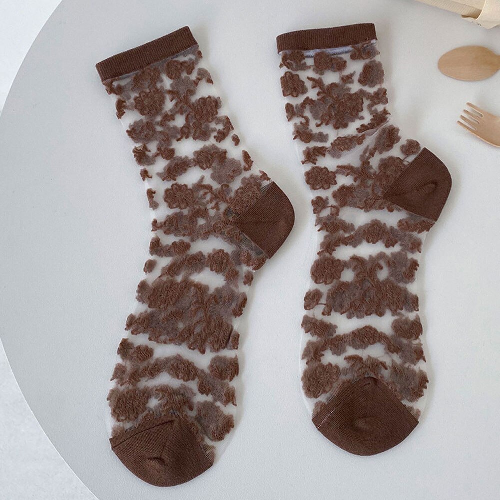 Lolita Sokken Vrouwen Sexy Glas Zijde Bloemenprint Vrouwen Transparante Sokken Vintage Voor Jk Meisje Kleding Accessoires: Bruin