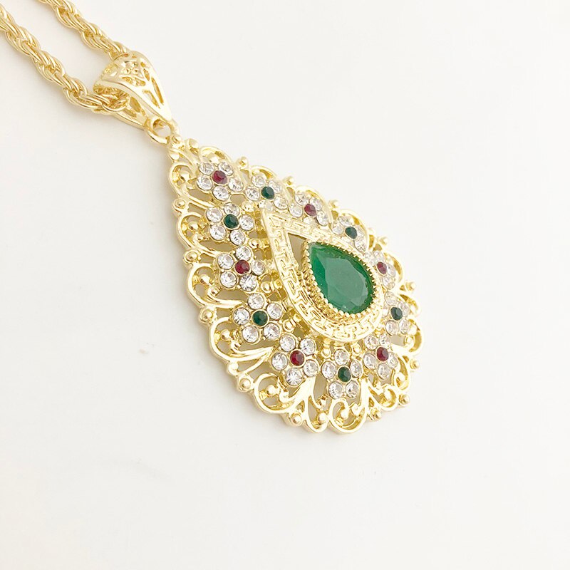 Stile marocchino Rotonda Pendent Colorato Crystle A Lunga Catena Della Collana Caften Accessori Ragazza Regalo Marocco Fiore Collana Cava: oro verde