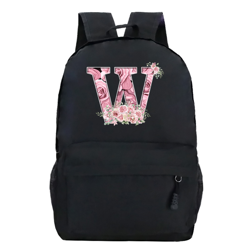 Pink Rose Alphabet Backpack Black Casual Women Aesthetics Rucksack Teenage Girl Boy Flower Letter School Bag Student Mochilas