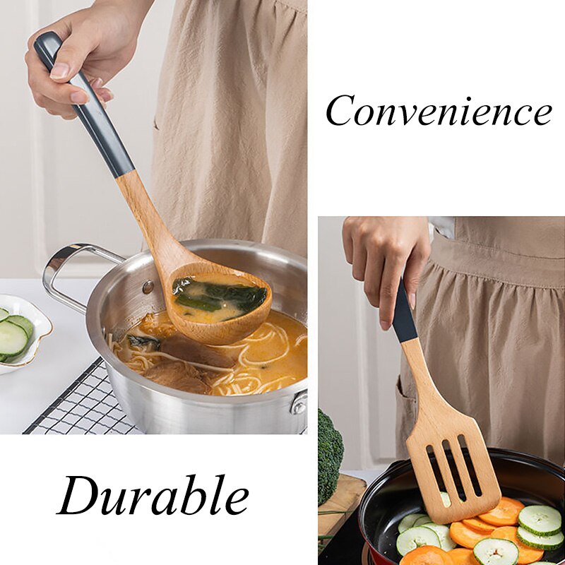 Solid Wood Handle Non Stick Cooking Pot Set Soup Spoon Rice Scoop Spatula Kitchen Cookware Utensils Set Home Gadget Tools Sets