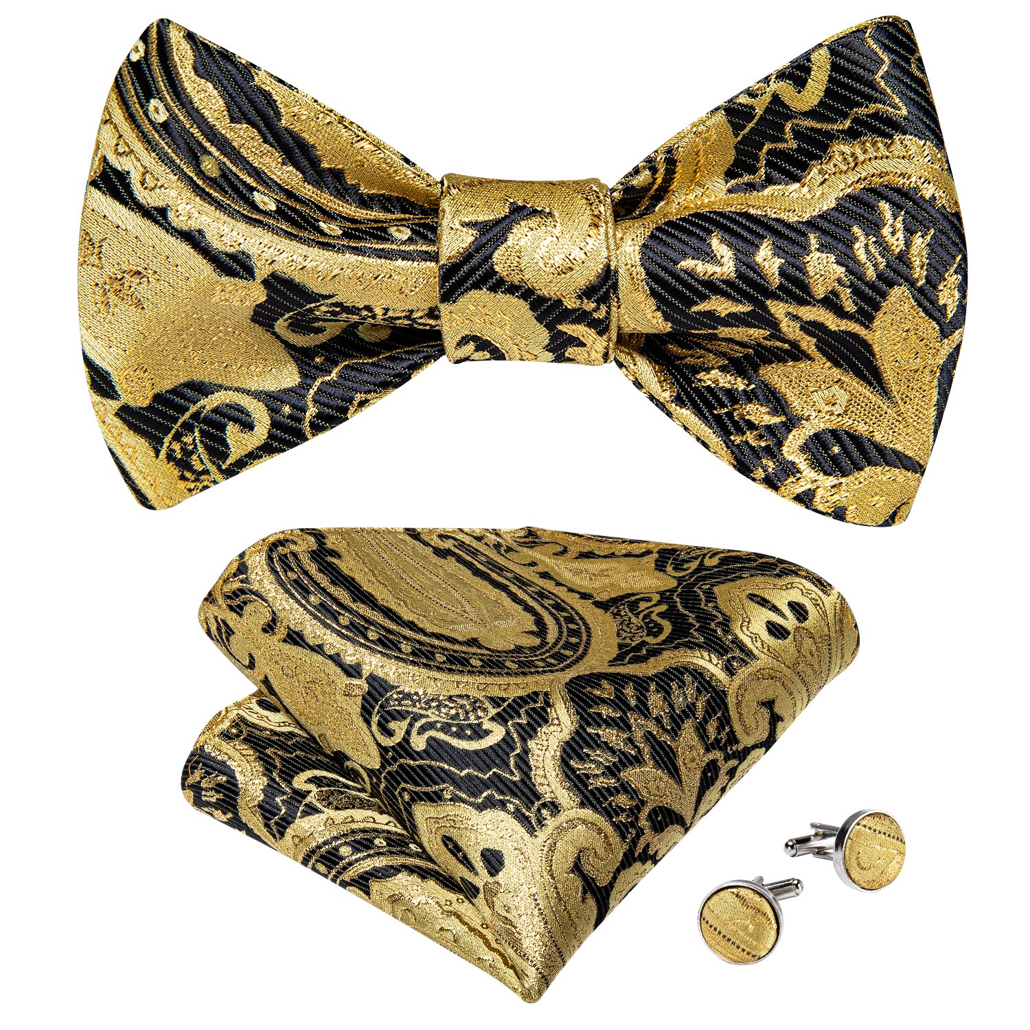 Luxury Gold Black Paisley Self Tie Men&#39;s Bow Tie Silk Woven Wedding Party Butterfly Ties Hanky Brooch Pin Set Tuxedo Bow DiBanGu
