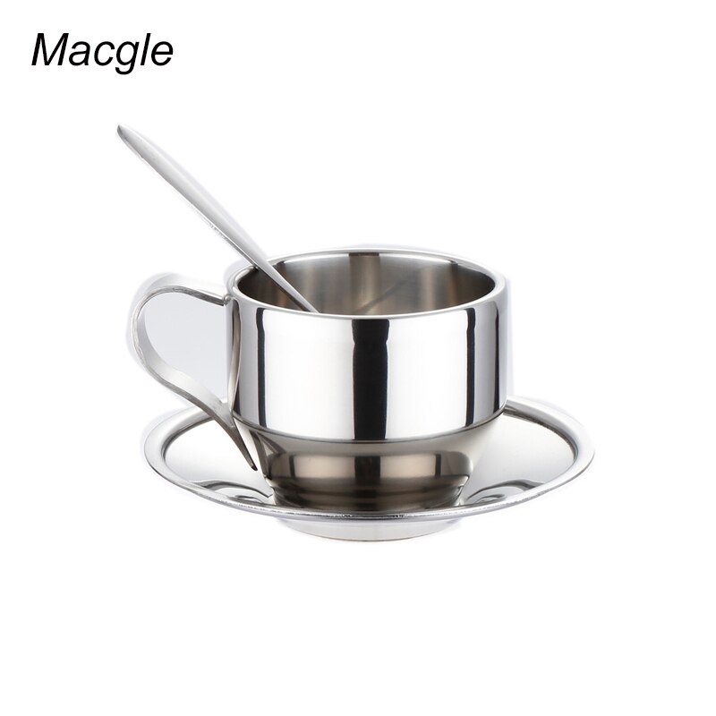 Coffekop Set Rvs Koffiekopje Dubbele Laag Met Schotel Lepel Drie Delige Koffie Shop Gereedschap Europese Koffie Cup: Default Title