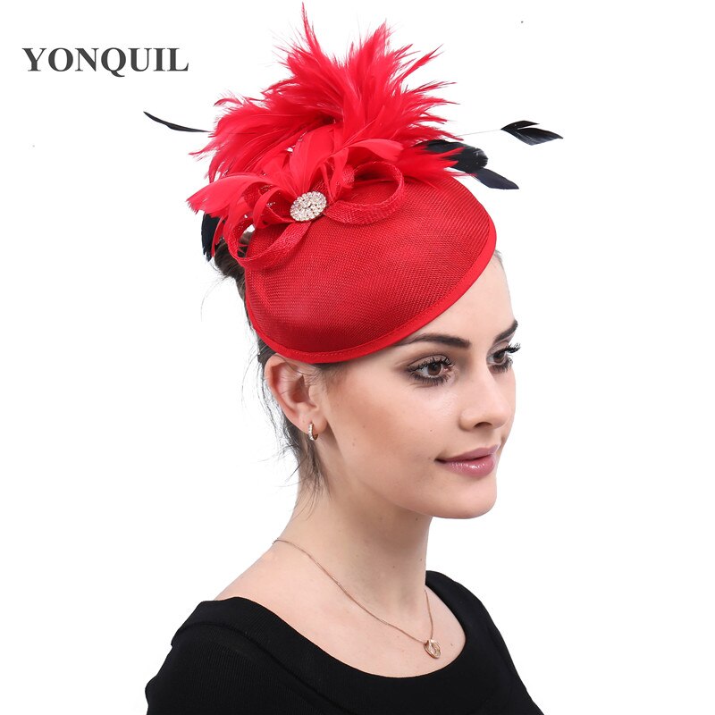 Imitation sinamay wedding bride hat red fascinators for women party dinner headpiece with hair aclip bridal headwear