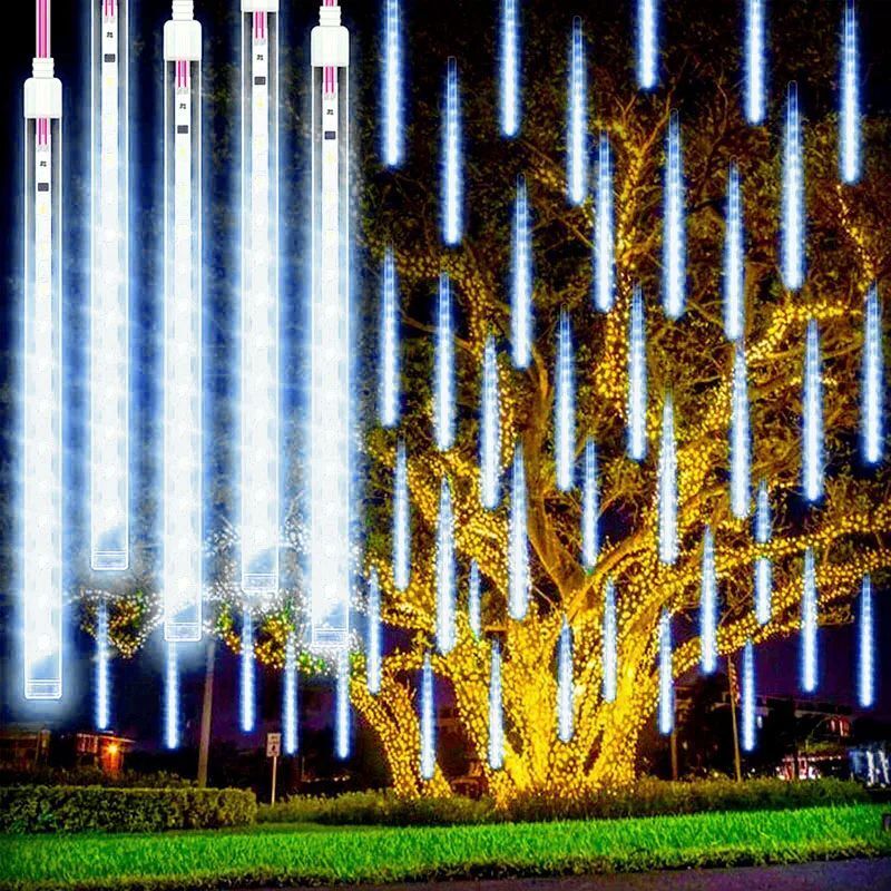 Garten-Lichterkette, 8 Röhren, Weihnachtsdekoration, Feen-Straßenlaterne, LED-Außengirlande, Beleuchtung, Meteorschauer, Lichter, uns/EU-Stecker