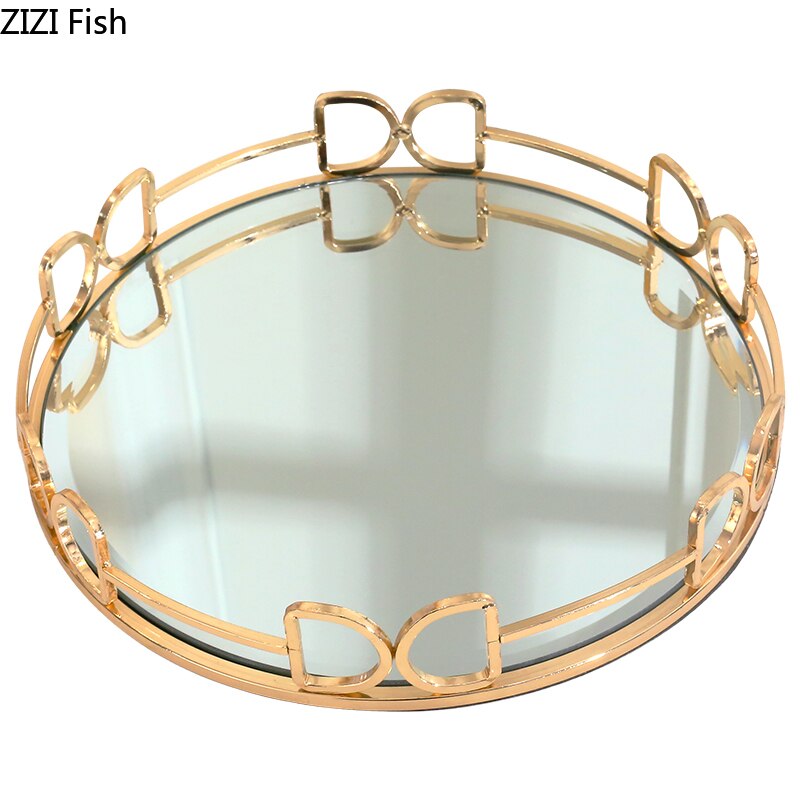 Placa de ouro doces sobremesa bandeja geométrica chapeamento metal vidro espelho prato jóias placas exibição rústico europeu decoração da sua casa