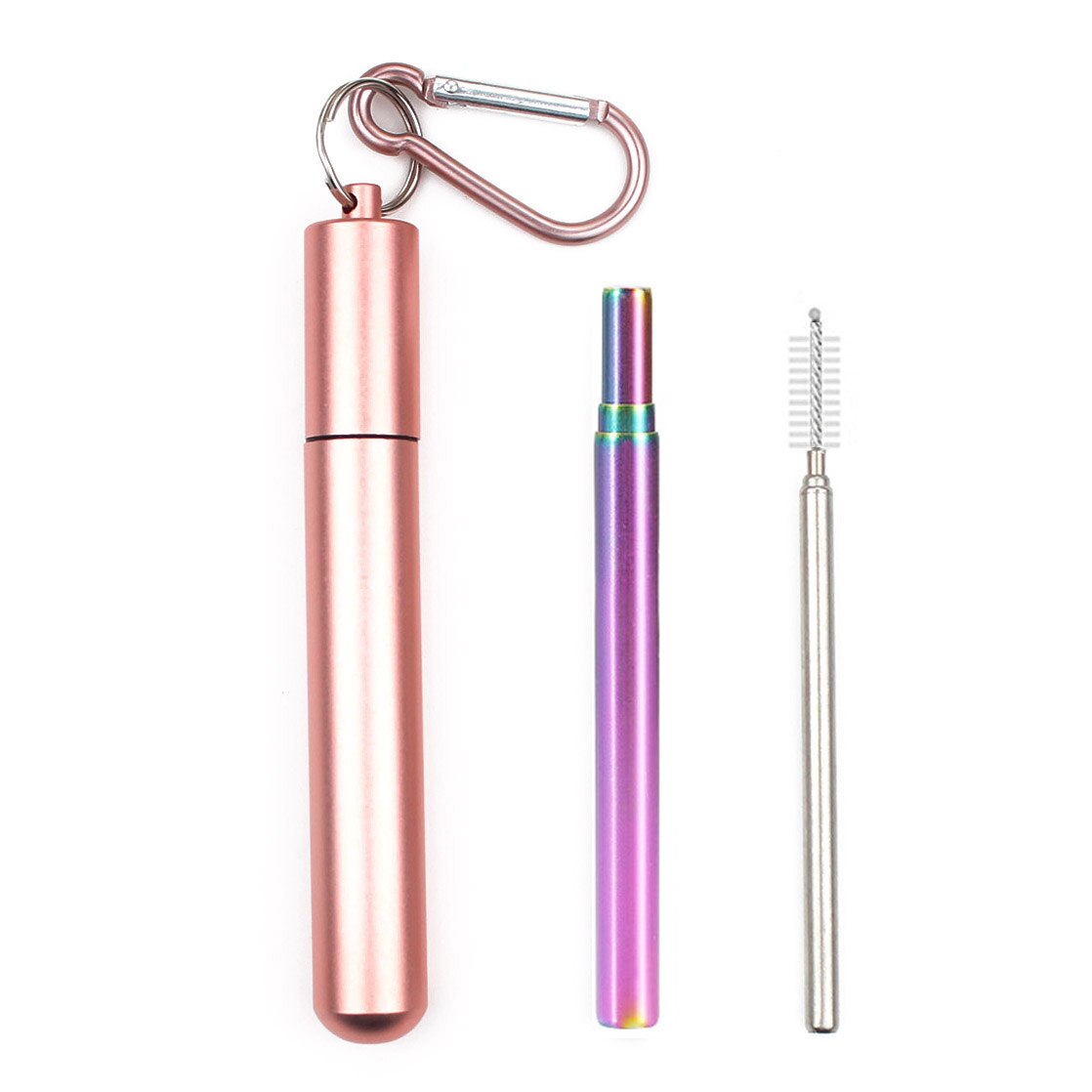 Reusable Stainless Steel Straws with Aluminum Keychain Case Cleaning Brush Collapsible Telescopic Portable Drinking Straws: Rose1-yuan