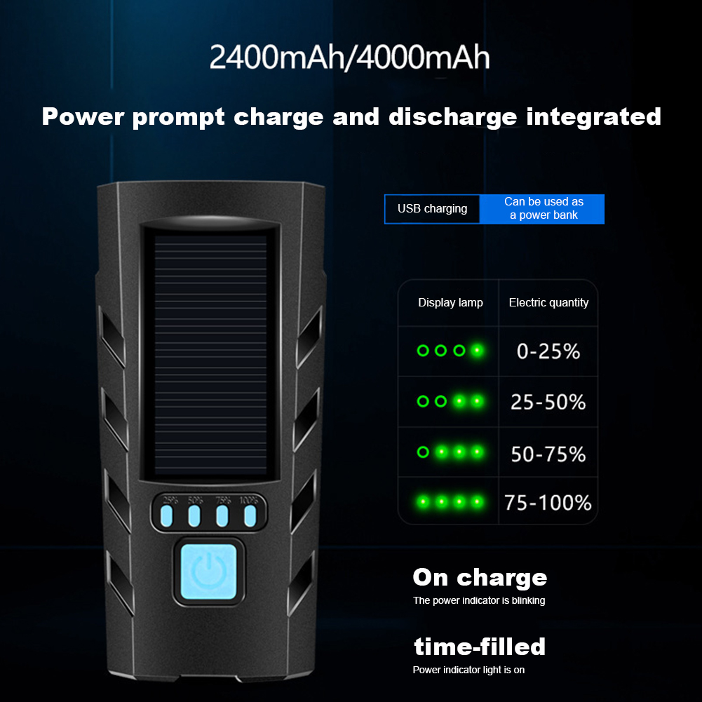 Phare de vélo à énergie solaire, Rechargeable par USB, lampe avant de vélo de route et vtt, faisceau haut de 2400mAh, lampe de poche, accessoires de vélo