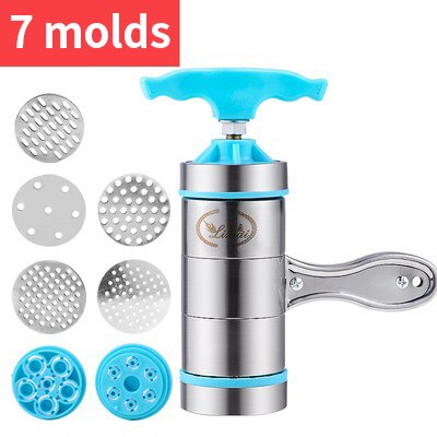 Manual small pasta machine stainless steel pasta press with small noodle strips, machine made of 5 moulds: 7blue