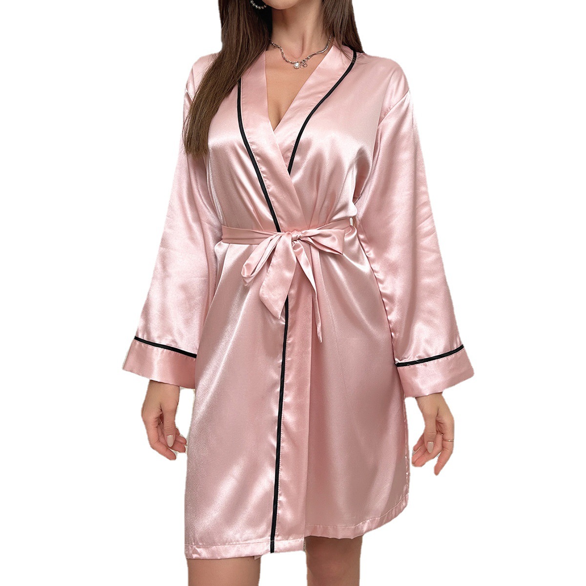 Womens Sexy Satijnen Gewaad Lange Mouw V-hals Korte Kimono Contrast Piping Belted Nachtkleding Loungewear Bridal Party Kamerjas