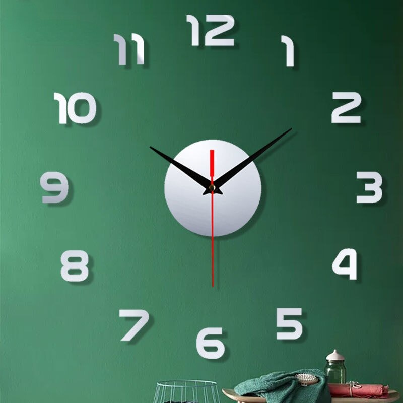 Modern Wall Clocks Digital DIY Wall Clock Free Punch Clocks Living Room Background Wall Stickers Decorative Clock: Silver / Diameter 100CM