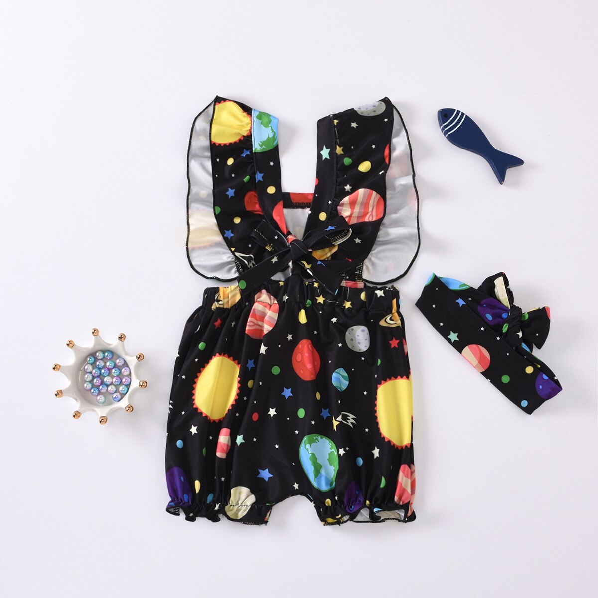 Focusnorm 0-18M Baby Meisjes Jongens Rompertjes Hoofdband 2 Stuks Cartoon Print Ruches Korte Mouw Jumpsuits