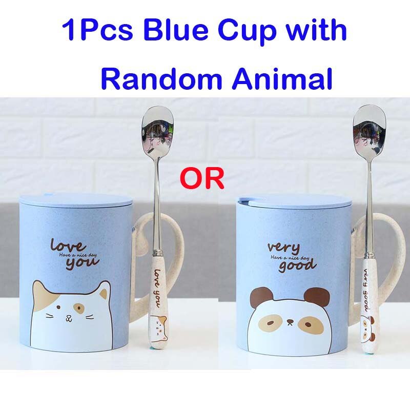 Tazas de bambú para bebé, vasos bonitos de 450ML para alimentación, con asa, cuchara, Material seguro para la Naturaleza, vasos de leche para niños: Blue Random Animal