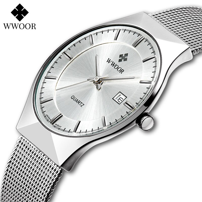 Relojes WWOOR plateados para hombre con malla de acero, superior de lujo, cuarzo ultrafino, resistente al agua, fecha, reloj de pulsera de negocios, caja Montre Homme