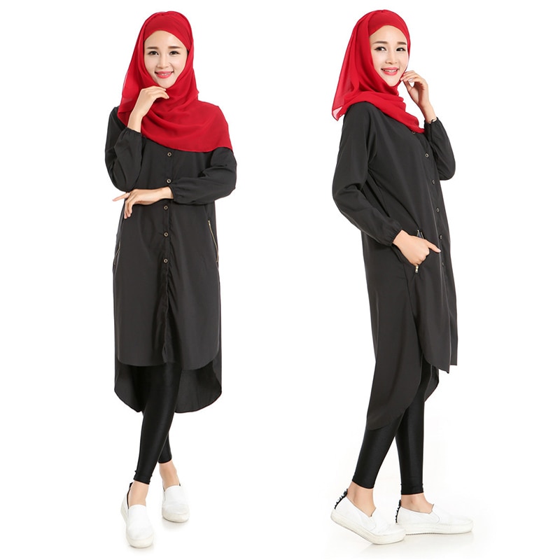 Kvinder muslimsk bluse afslappet islamisk tøj knap foran solid lange skjorte bluser toppe