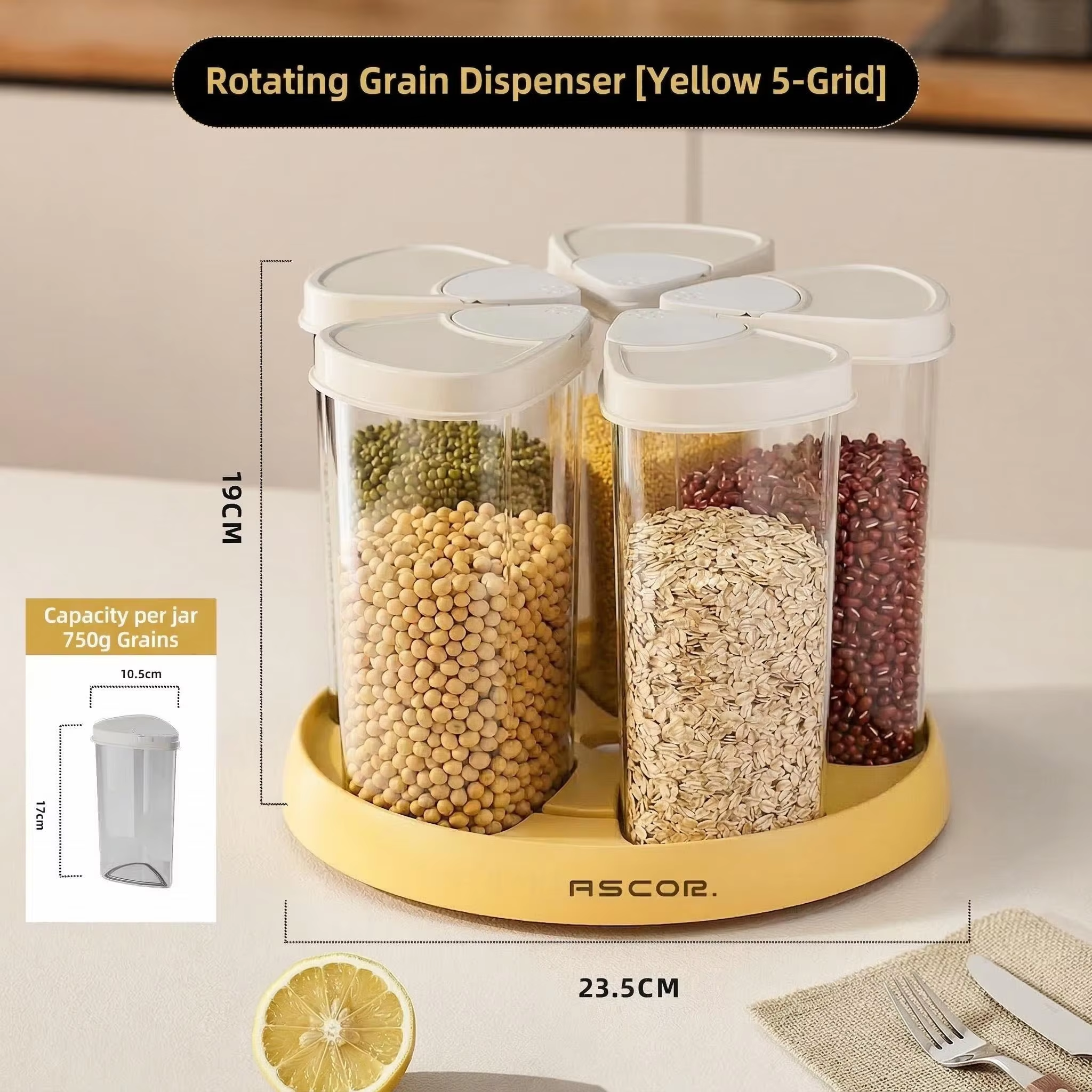 Dispenser - Draaibare ontbijtgranen dispenser - Opbergvat voor op het aanrecht - Kleine voedselbewaarcontainer met deksel, ontbijtgranenpottenset 5/6 stuks: Geel