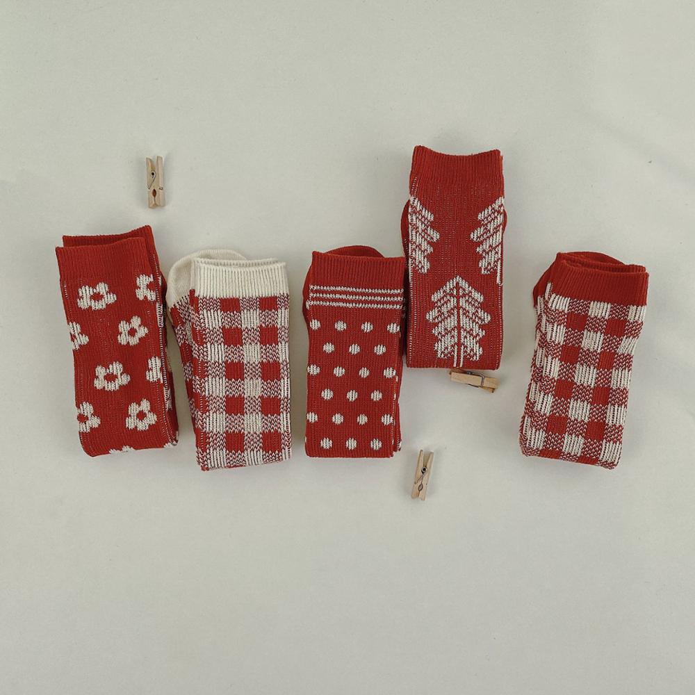 Kerst koreaanse stijl winter kinderen gebreide sokken warme festival kinderen rode lange sokken 5 paar/set: Default Title