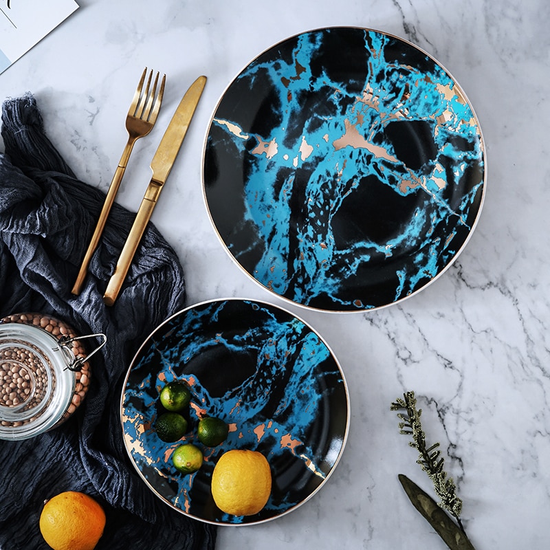 1 stk service marmor tallerkener keramisk middagssæt guld indlæg porcelæn dessert tallerken bøf salat snack kage tallerkener
