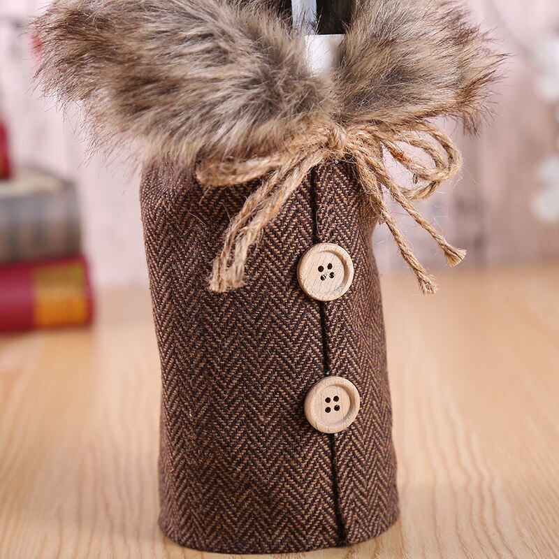 17*24Cm Linen Wine Bottle Covers With Fur Champagne Bottle Covers For Year Christmas Party Event Table Ornaments