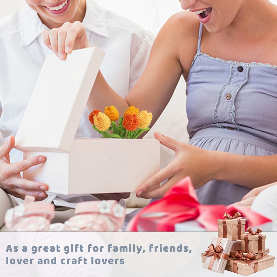 Paquete de material de ganchillo en maceta con forma de tulipán con gancho de ganchillo de hilo y relleno para principiantes y amantes de la artesanía