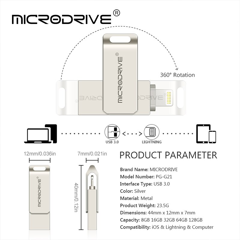 USB 3.0 Flash Drive 4GB 8GB 16GB 32GB 64GB For iPhone 8 7 Plus Lightning to Metal Pen Drive U Disk for iOS10 memory stick 128GB