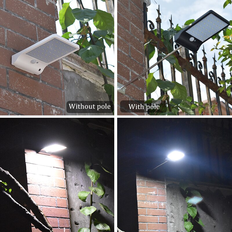 Luz Solar de 48 LED de 450 lúmenes, tres modos, negro y blanco, resistente al agua, para exteriores, jardín, pared, lámpara con poste de montaje o no