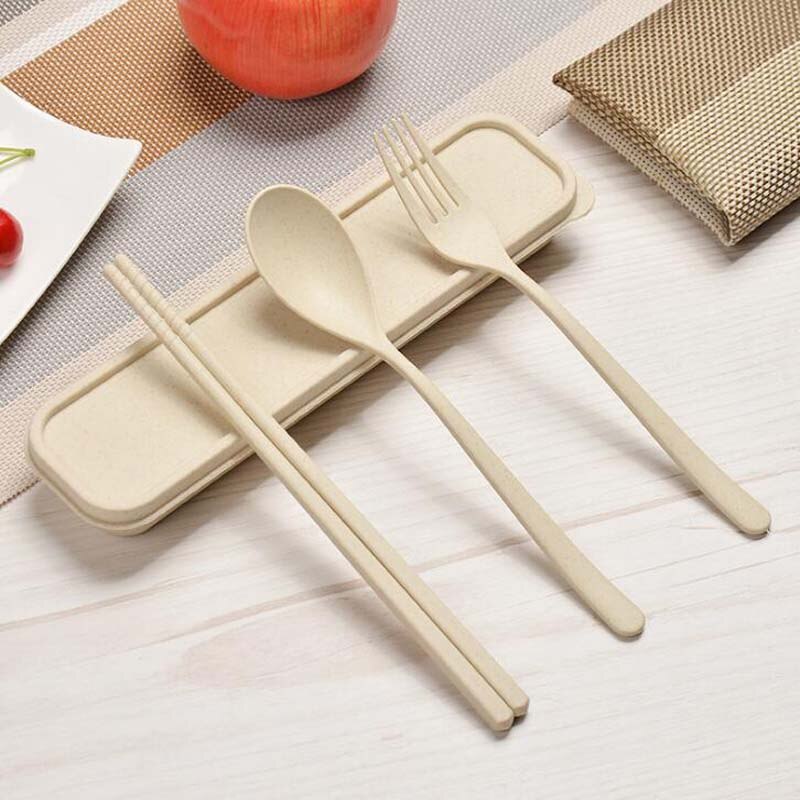 Juego de cuchara y tenedor de avión, juego de palillos para niños, plato de cena escolar, bandeja, vajilla de Almuerzo Bento caja para estudiantes: beige 3pcs