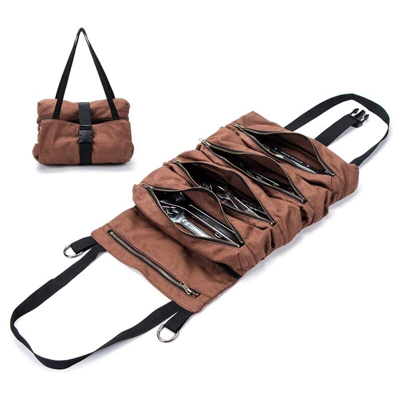 Bruin Multi-Purpose Tool Roll Up Tas Moersleutel Roll Pouch Canvas Tool Auto Ehbo-kit Opknoping Tool Rits carrier Tote