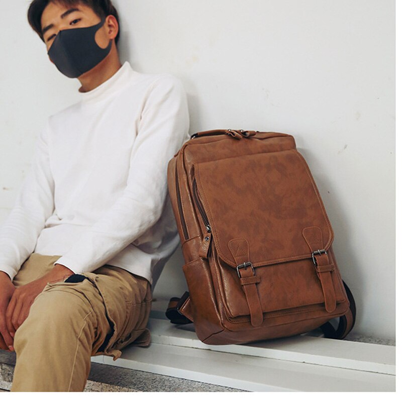 Vintage Laptop Rugzak Mannen Waterdichte Bagpack Kaki Reizen Mannen Tas Pu Lederen Rugzakken Grote Capaciteit Mannelijke Mochila Tassen Voor Mannen