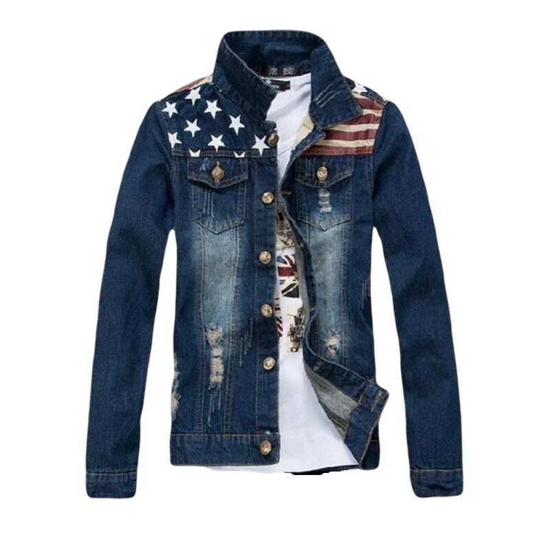 Knap amerikansk flag jeansjakke vintage denim coat fit hættetrøje slank stilfuld coat denim asien størrelse