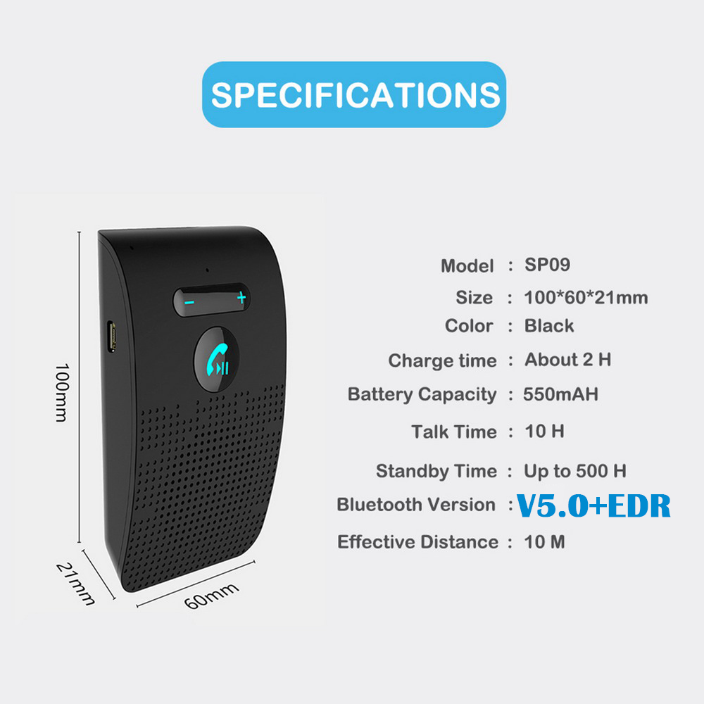Bluetooth Speaker Handsfree Car Kit Sun Visor Clip Wireless Audio Receiver Speakerphone Loud Music Player Dual Microphone