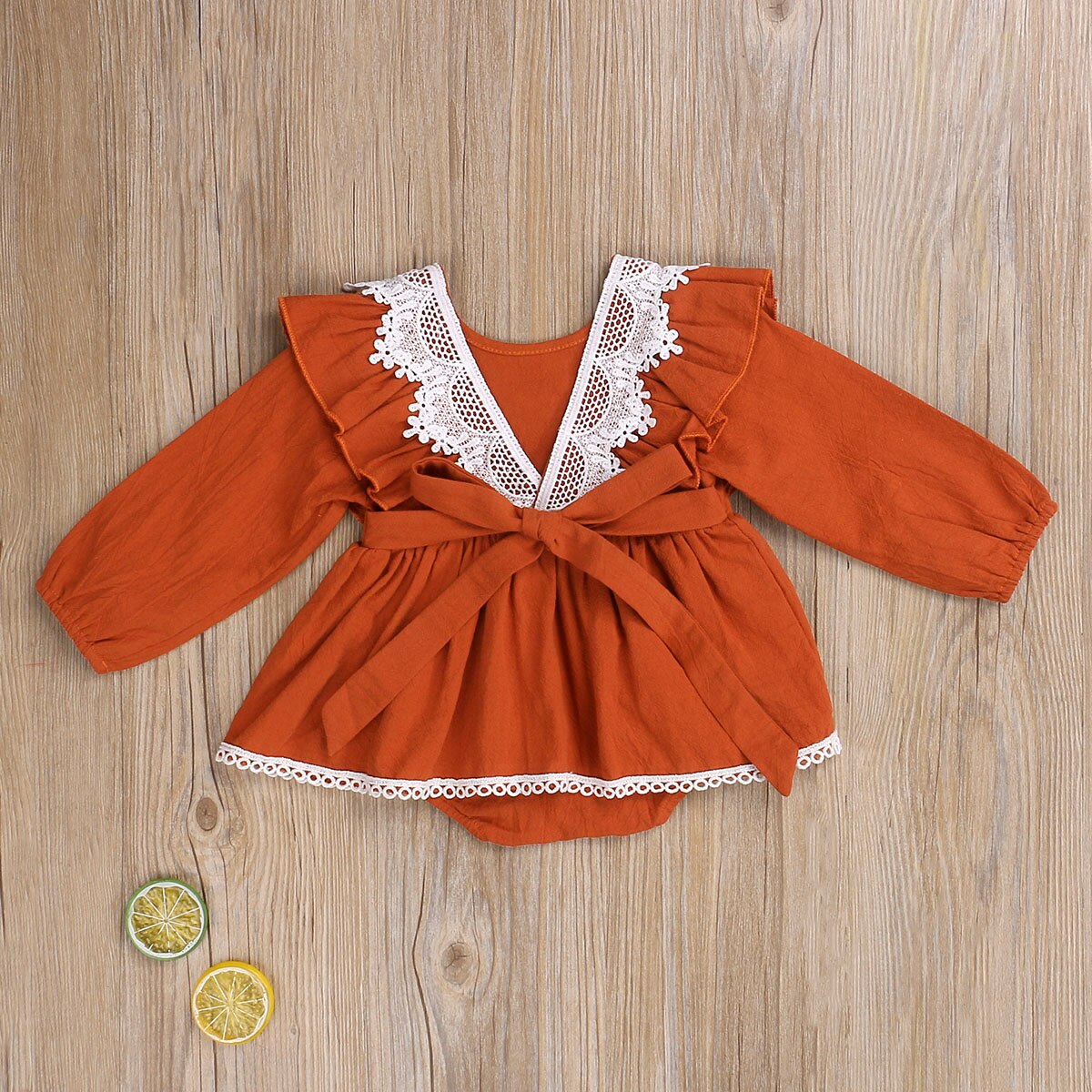 Focusnorm Herfst Mooie Baby Meisjes Jongens Romper Jurk Kant Solid Ruches Backless Jumpsuits 0-18M 2 Stijl