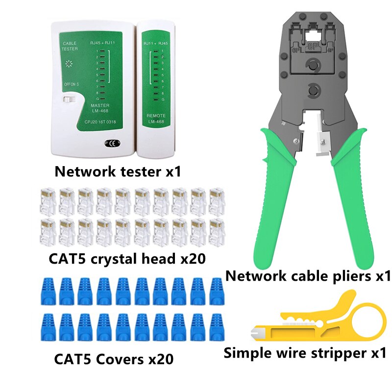 Kit de herramientas de reparación de red, herramientas de instalación de cables, crimpadora RJ45, probador de cables Lan, pelacables, cortador de prensado para RJ45 RJ11, 10 unids/set por juego