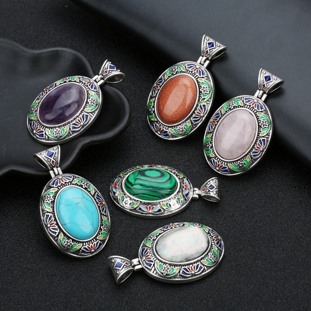 Natural Red Agates Opal Stone 32x40mm Pendants Necklace Jewelry Silver Plated Charm Crystal Boho Ethnic Egg DIY Jewelry Findings