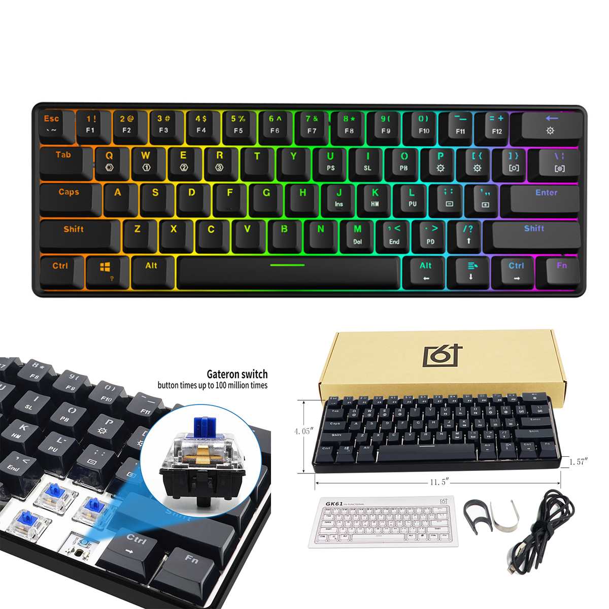 GK61 Mechanical Keyboard 61 Key USB Wired RGB Backlit Gateron Switch Axis Gaming for Mac Gamer PC Desktop Laptop