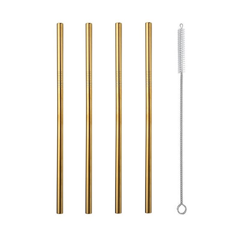 4/8Pcs Edelstahl Strohhalme Metall Wiederverwendbare Trinken Stroh Gold Gerade Gebogen Stroh Mit Reinigung Pinsel und Tasche: Gold(4Pcs Straight)