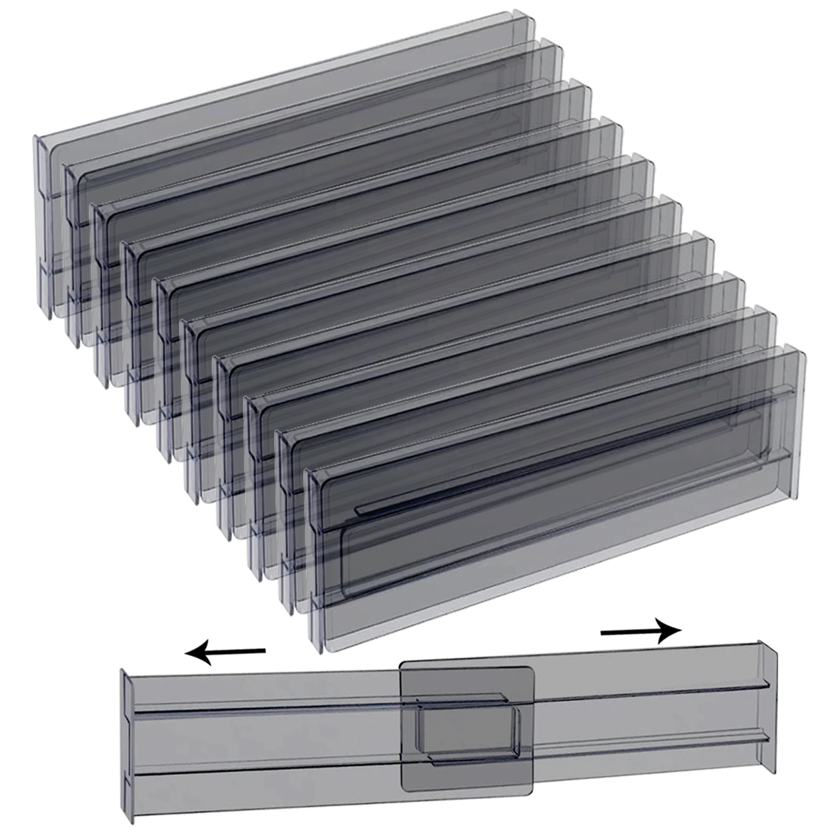 4//10Stck transparenter schwarzer Schubladen teiler, Kunststoff transparent schwarz verstellbarer Schubladen teiler: Grau
