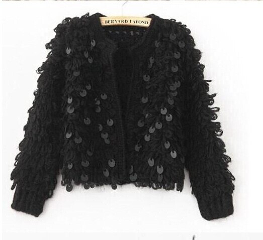 Kvinde pailletter mohair hulstrikket cardigan sweater kvaster jakke paillet kort frakke open stitch streetwear: Sort