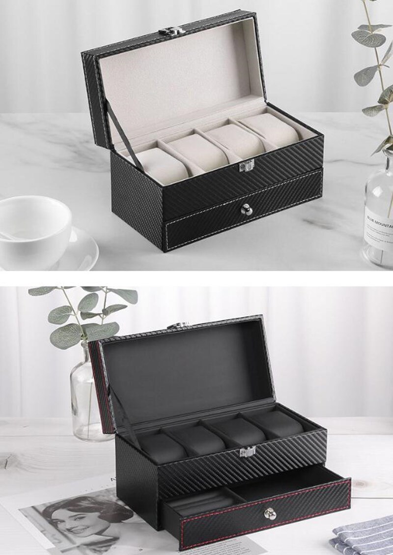 4 Grids Double Layer Watch Box Carbon Fiber PU Watch Case Boxes Holder Organizer Jewelry Box for Wedding Decoration Best