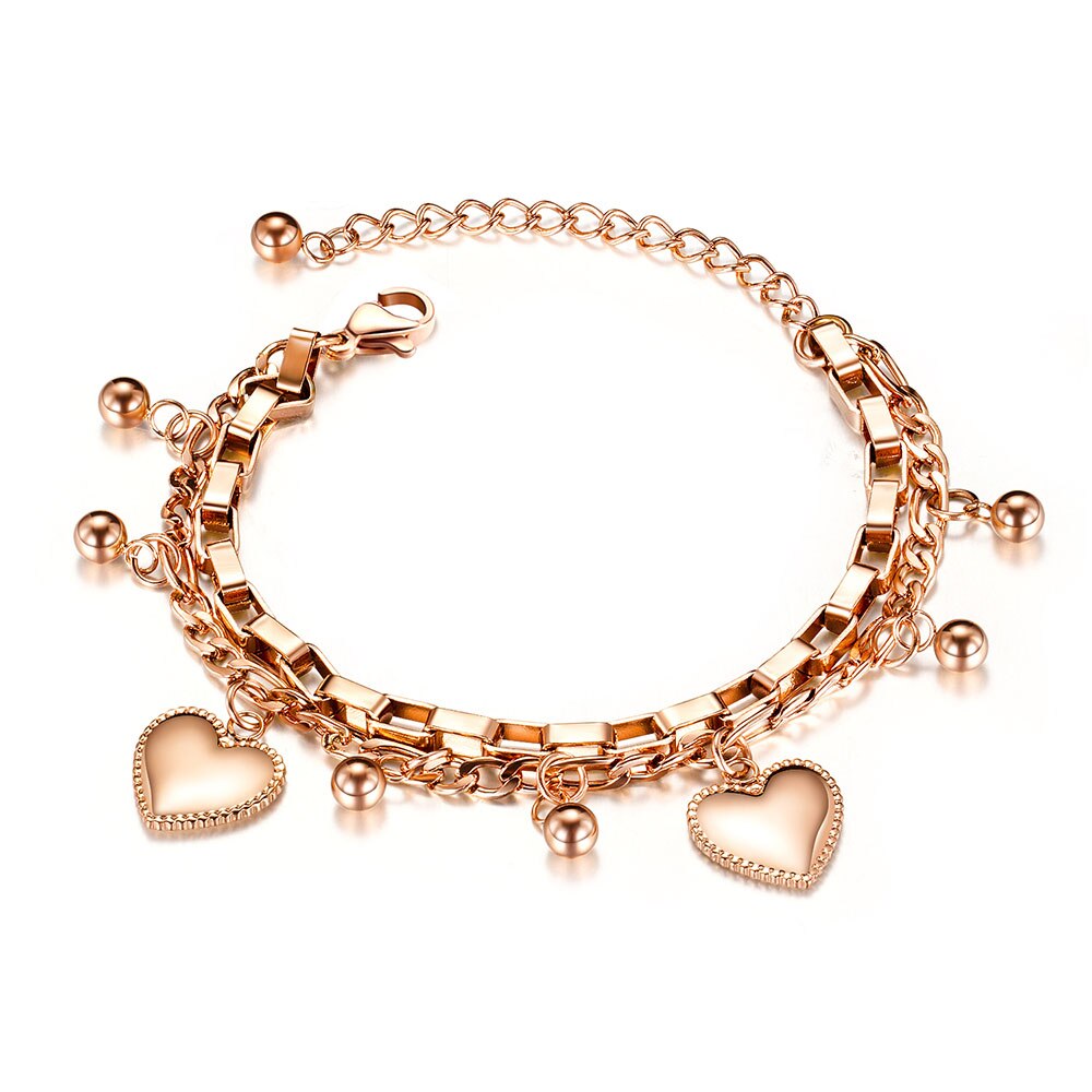 Lokaer trendy dubbellaags roestvrijstalen liefdeshart-bal-bedelarmbanden voor vrouwen en meisjes, bohemian schakelsieraden  b19151: Roségouden kleur