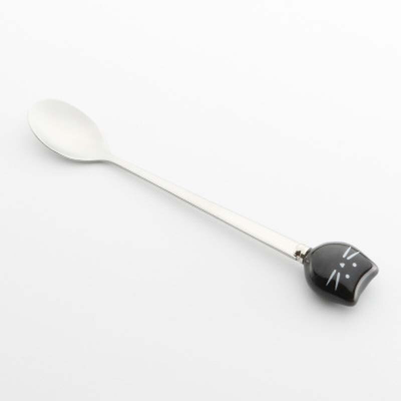 Sød sort / hvid kat rustfrit stål gaffel tegneserie dejlig kaffe mælk te keramisk røre ske 1 stk: 1