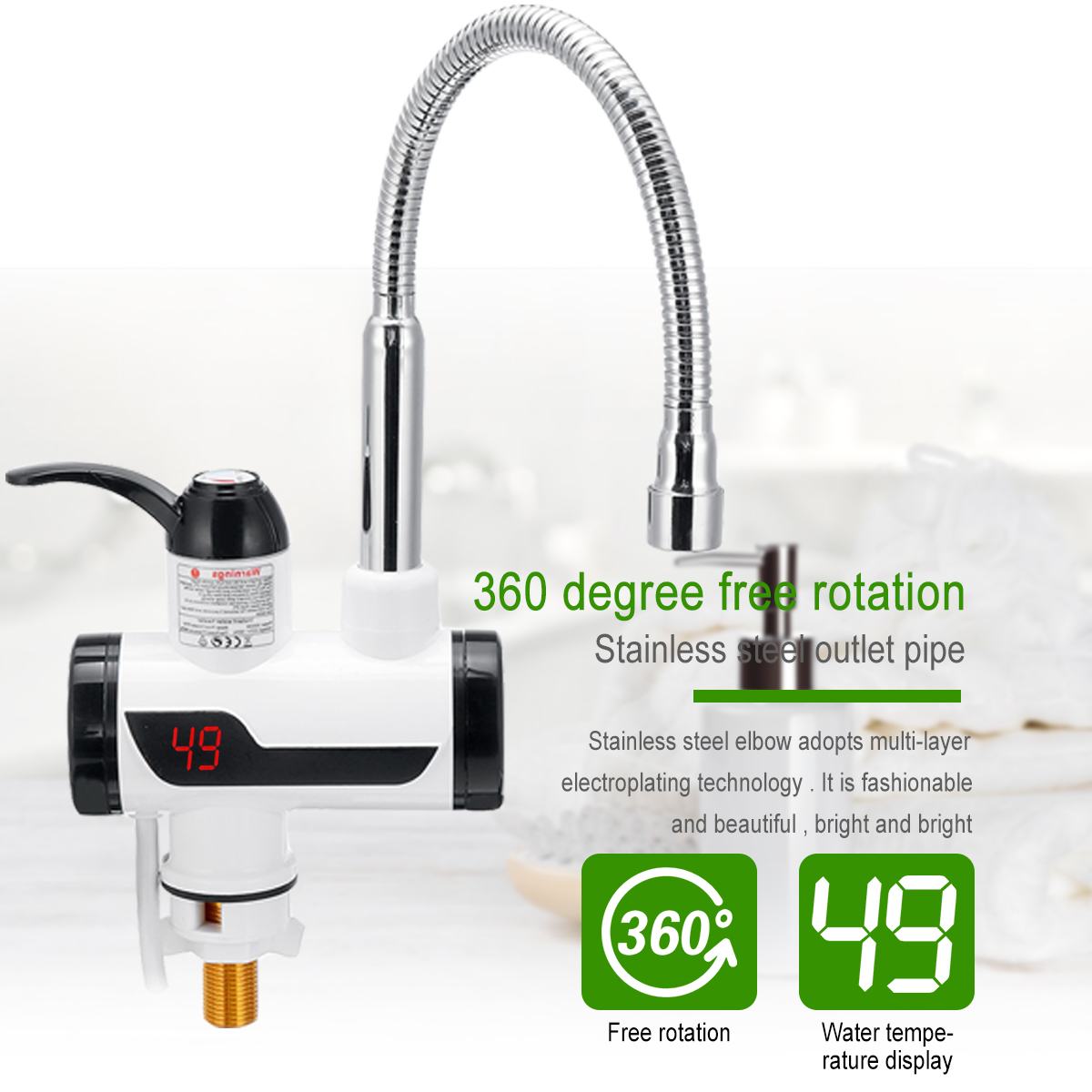3000W 220V LED Electric Kitchen Water Heated Tap Water Faucet Cold Heating 360 Degree Rotatory Tankless Water Heated