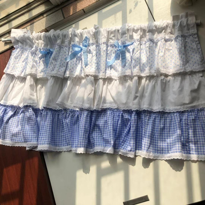 Romanttinen vaaleanpunainen ruudullinen &amp;pistekakku tyyli taitteet koristeellinen puuvillainen lyhyt verho keittiöverho väliseinäverho 50*150cm: Sininen / 50 cmh 90 cmw