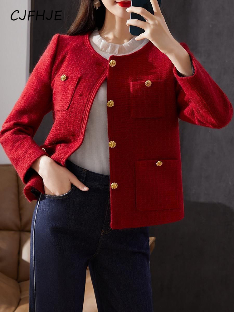 Cjfhje julerød tweedjakke dame vinter tyk varm sød frakke fransk vintage langærmet dame afslappet top