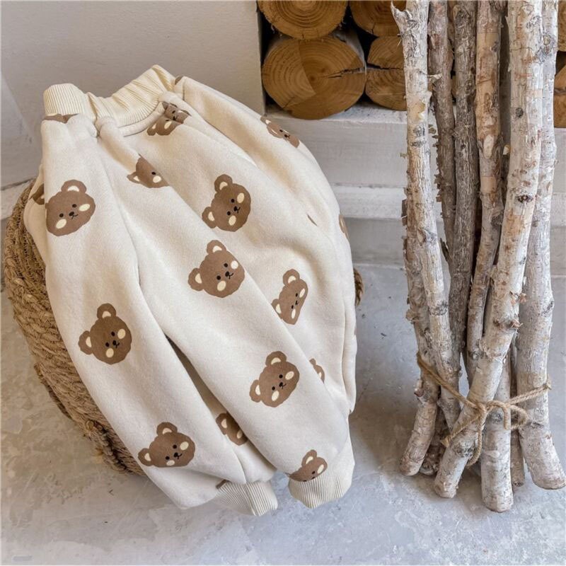 Winter Schattige Baby Beer Print Harembroek Fleece Warm Casual Broek Voor Jongens Baby Meisjes Losse Cartoon Broek kleding