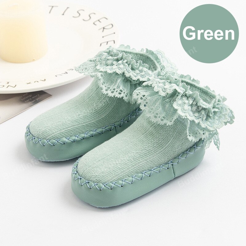 Sokken Meisje Kant Ruche Sokken Met Rubberen Zolen Voor Peuters Rubberen Zool Sokken Prinses Baby Sok Schoen slipper: green / Insole 11.5cm