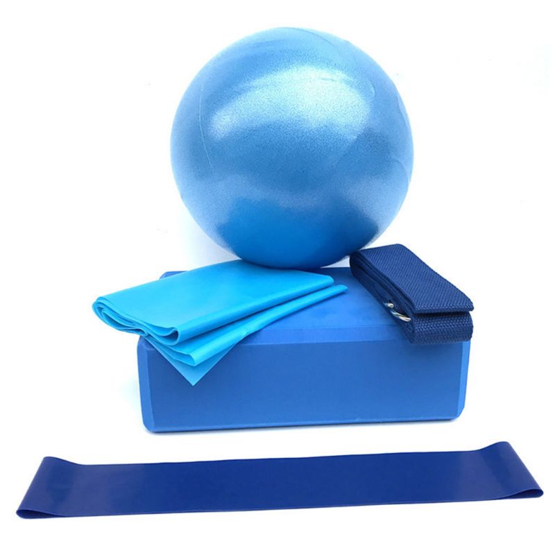 5 Pcs Yoga Equipment Set with Yoga Ball Blocks Stretching Strap Resistance Loop: Blue